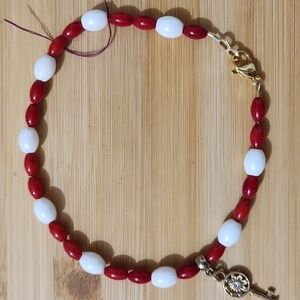 Hand Crafted Anklet (Ankle Bracelet) Red White Key Charm 11.5" Beaded
